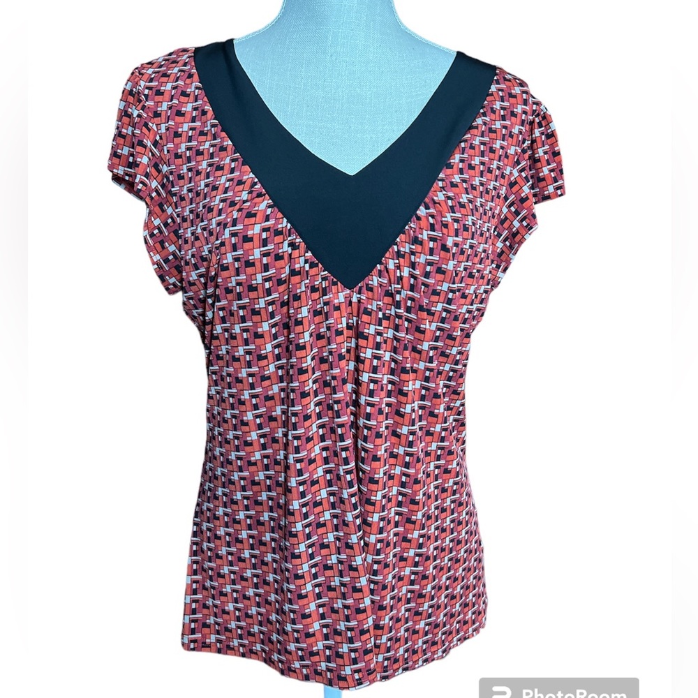 Worthington Petite Red & Orange Geometric Pattern Stretch Blouse